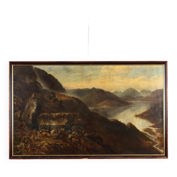 Peinture ancienne paysage de montagne avec lac, huile sur toile 1890