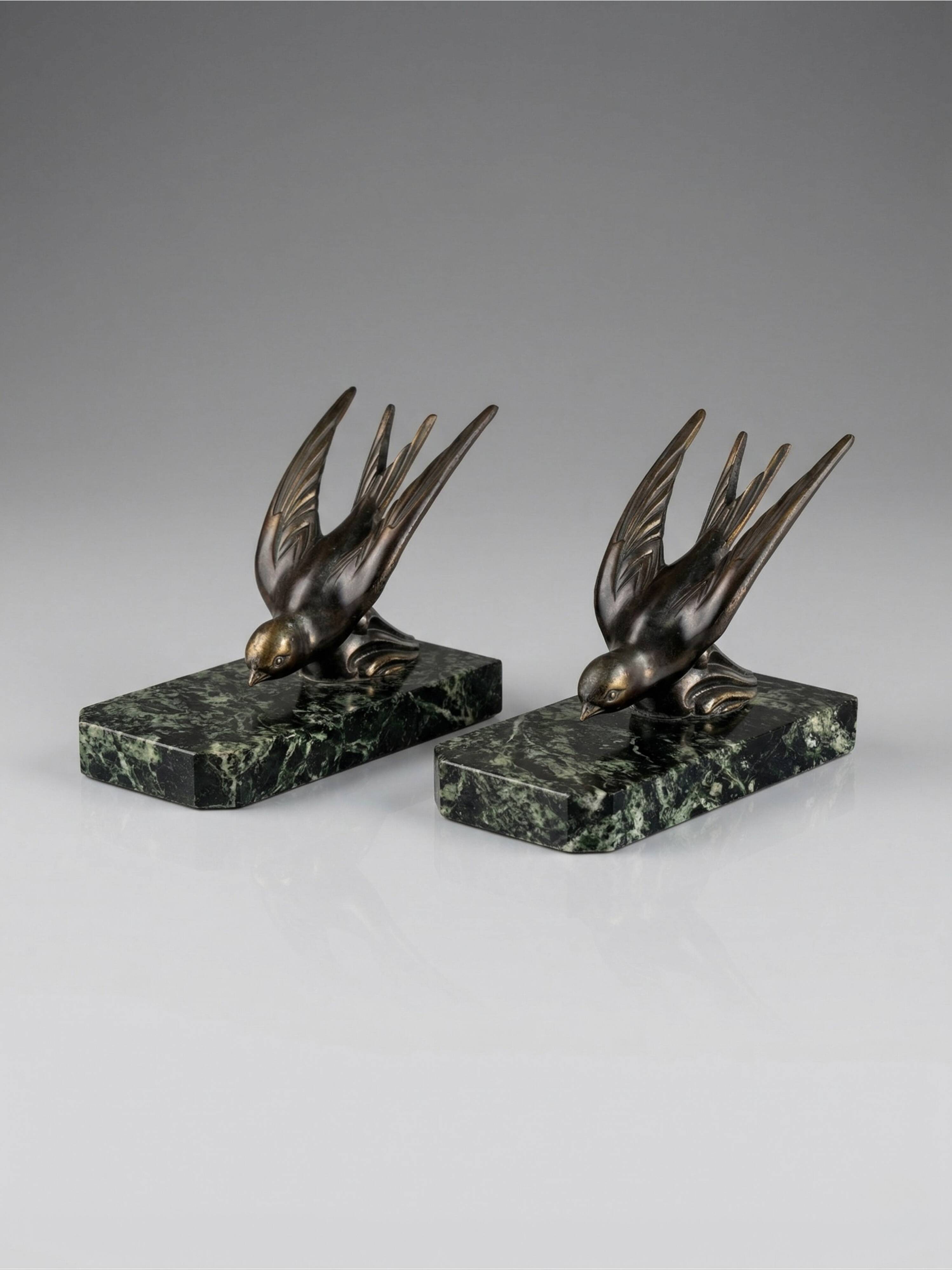 Art Deco bookends – Patinated swallow design in spelter - Green marble
