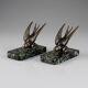 Art Deco bookends – Patinated swallow design in spelter - Green marble