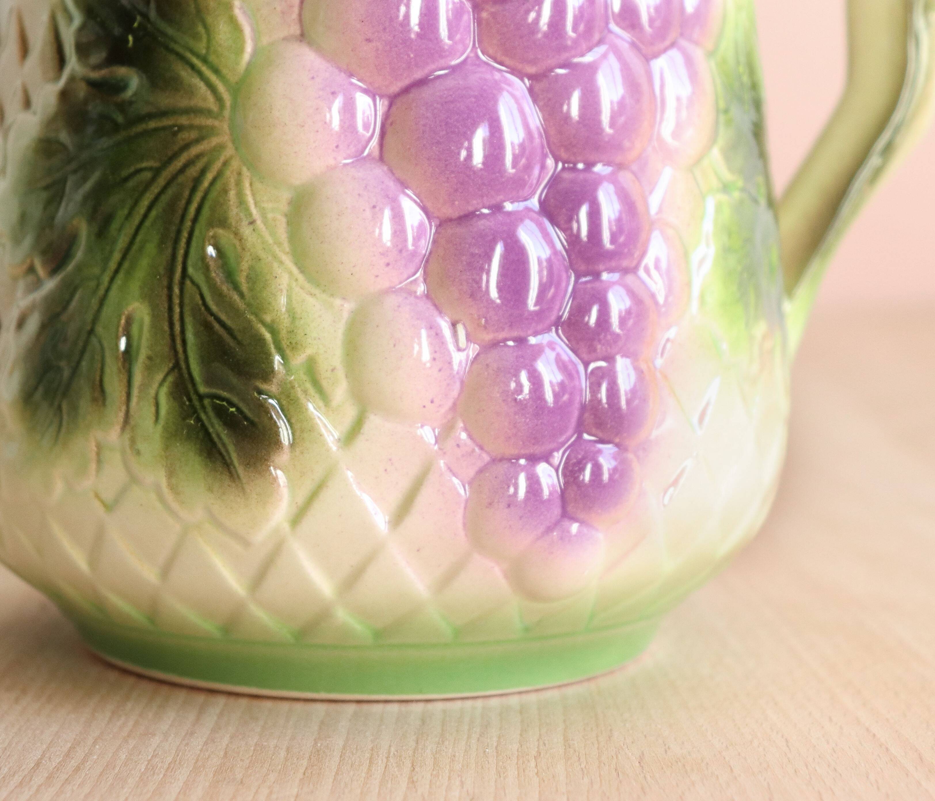 Barbotine pitcher from the 20s/30s with vine and grape decoration, Saint-Clément earthenware factory
