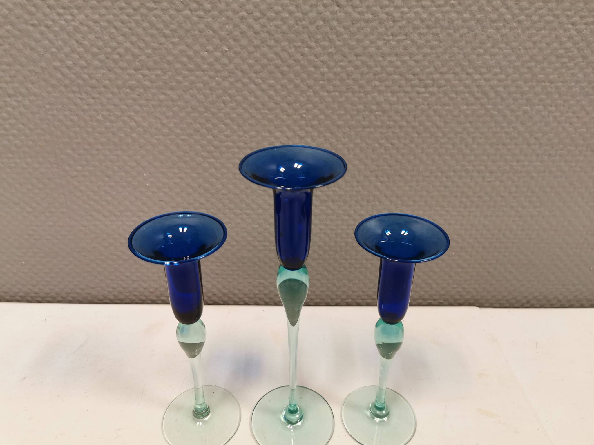 Royal Copenhagen set of 3 candle holders, model Harlequin in blue/turquoise glass.