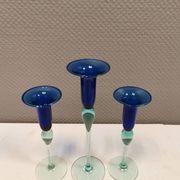 Royal Copenhagen set of 3 candle holders, model Harlequin in blue/turquoise glass.
