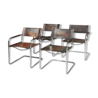 Italian bauhaus tubular steel and patinated leather MG5 chairs by Matteo Grassi, 1960s, Set of 4