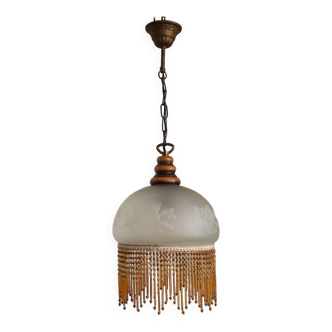 French Mid Century Opaque Glass Ceiling Light Floral Decoration Fringed Beaded Shade 4411