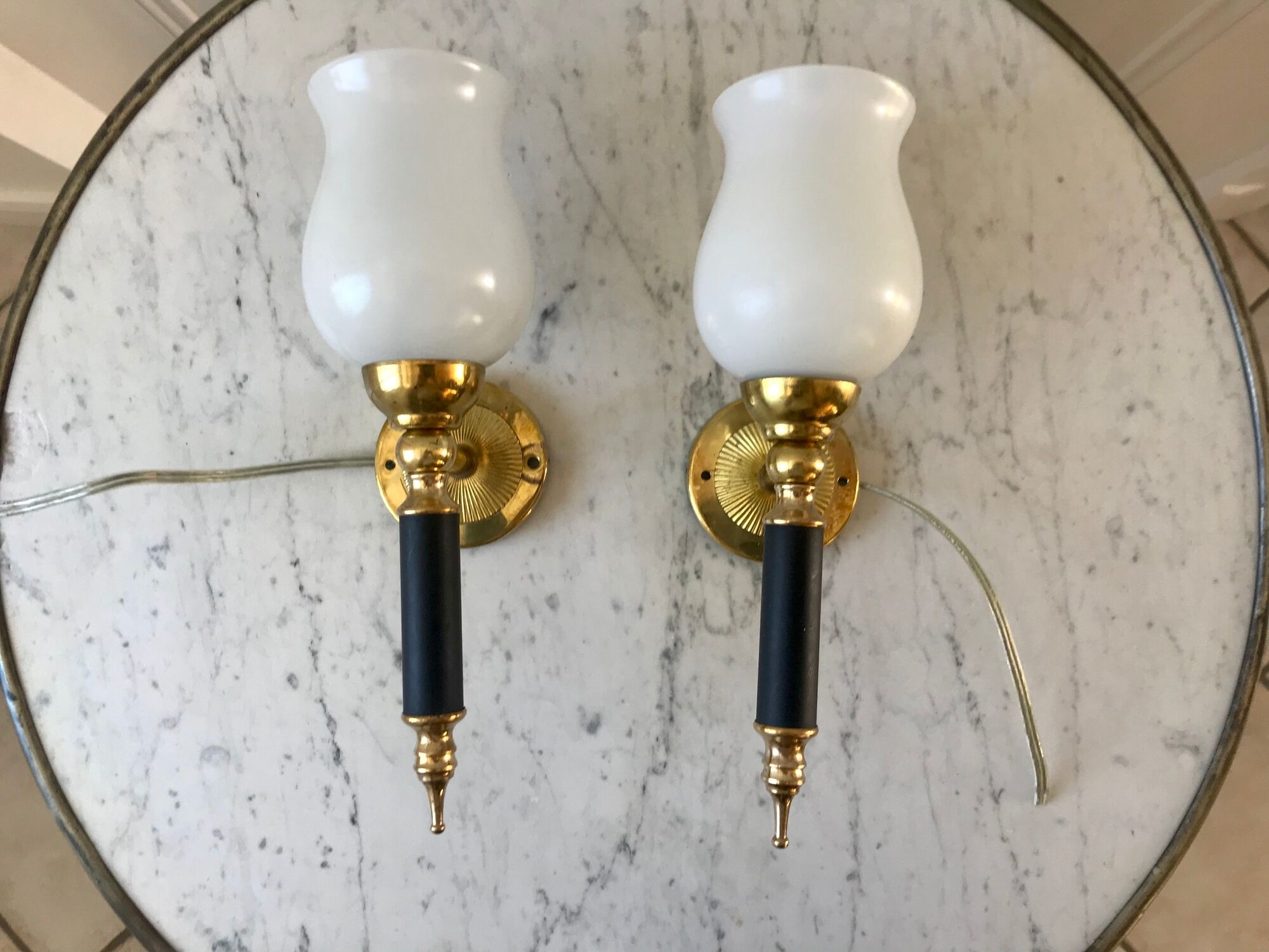 Pair of opaline and golden brass wall lamps art deco style 30s