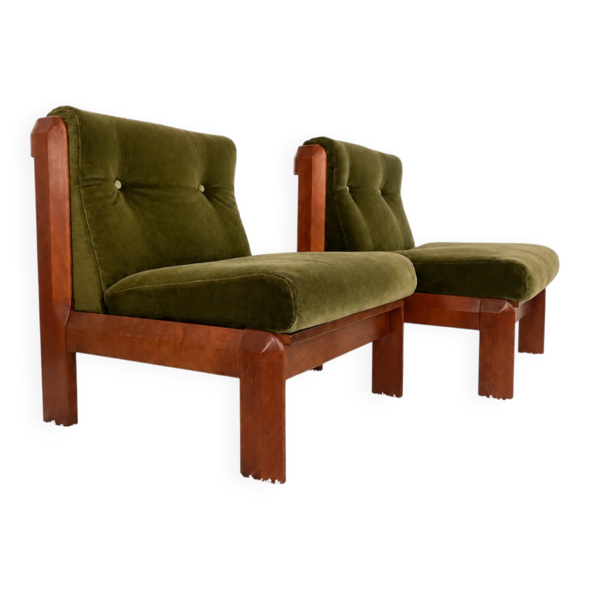 Guilleumas armchair. Upholstered in olive green velvet. Spain 70s