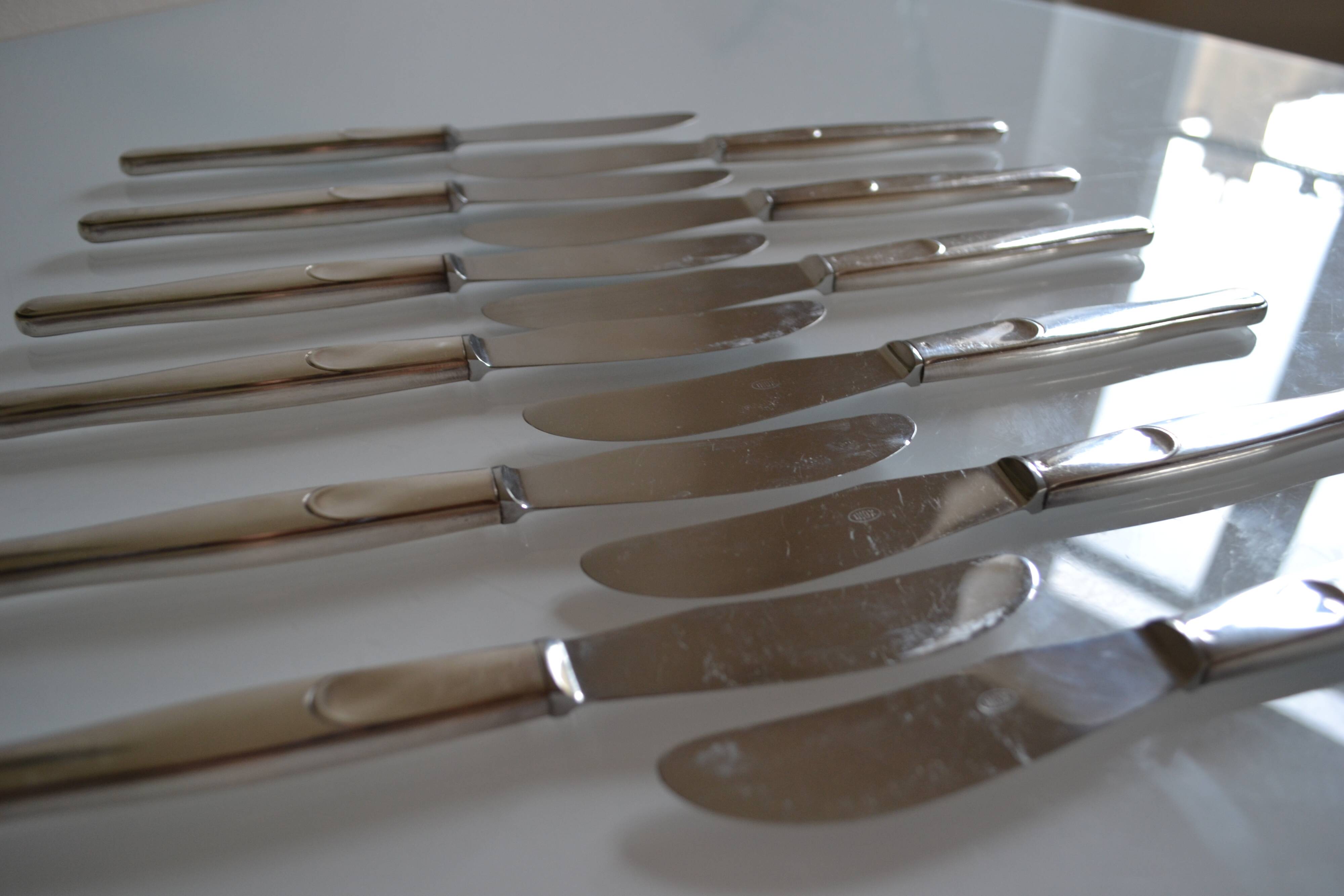 12 table knives silver metal handles & stainless steel blades 22 cm