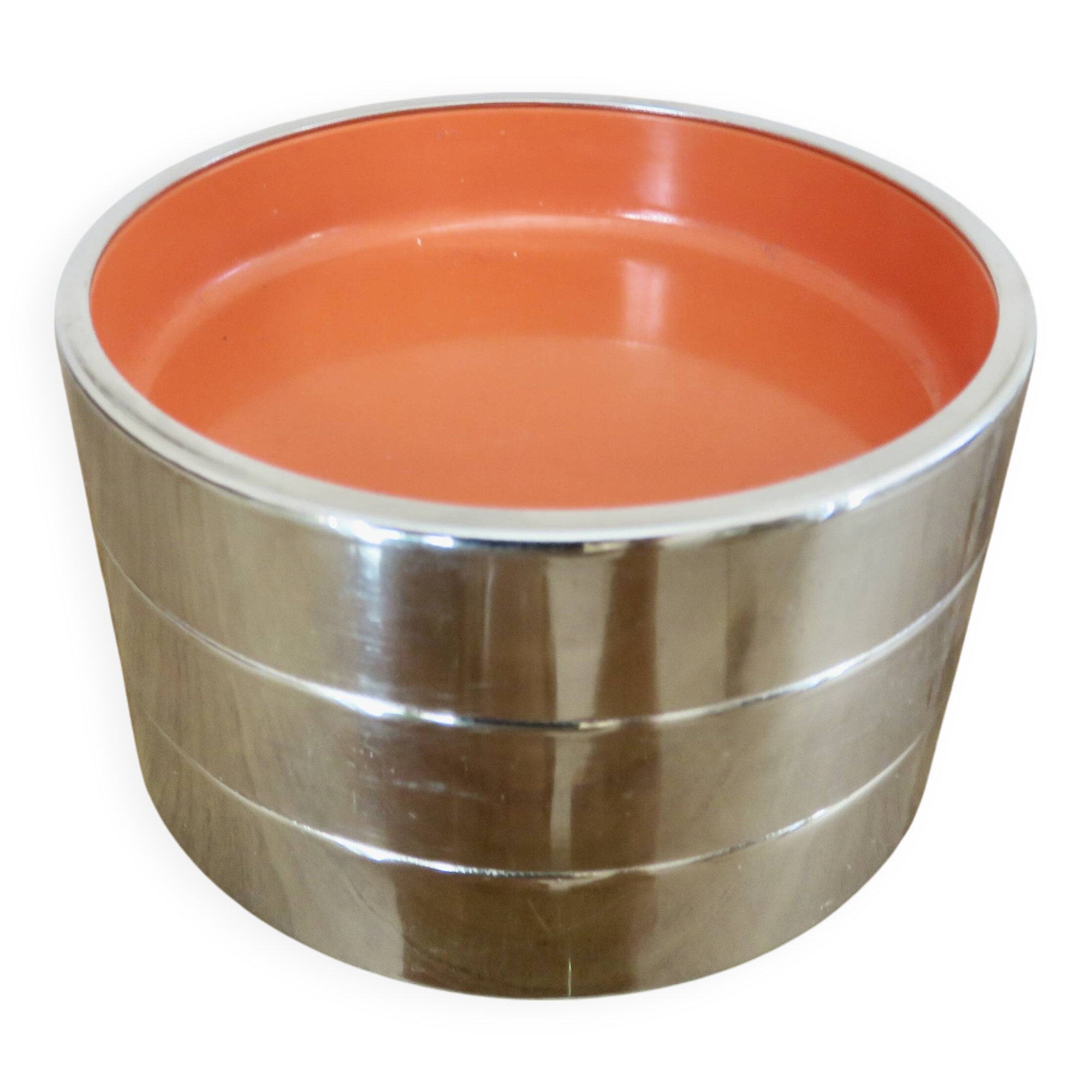 Set of 3 stackable ashtrays in colored melamine, chrome metal from the 70s