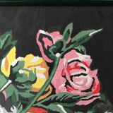 Tableau bouquet de fleurs sur fond noir et cadre vert