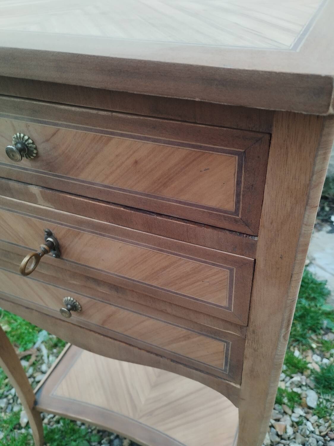 Antique Louis XVI style marquetry bedside table