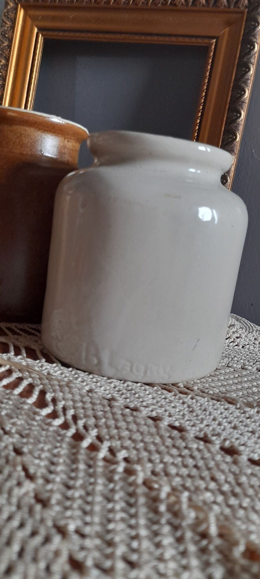 4 old stoneware mustard pots, lab Lagny, vintage France circa 1950/1960