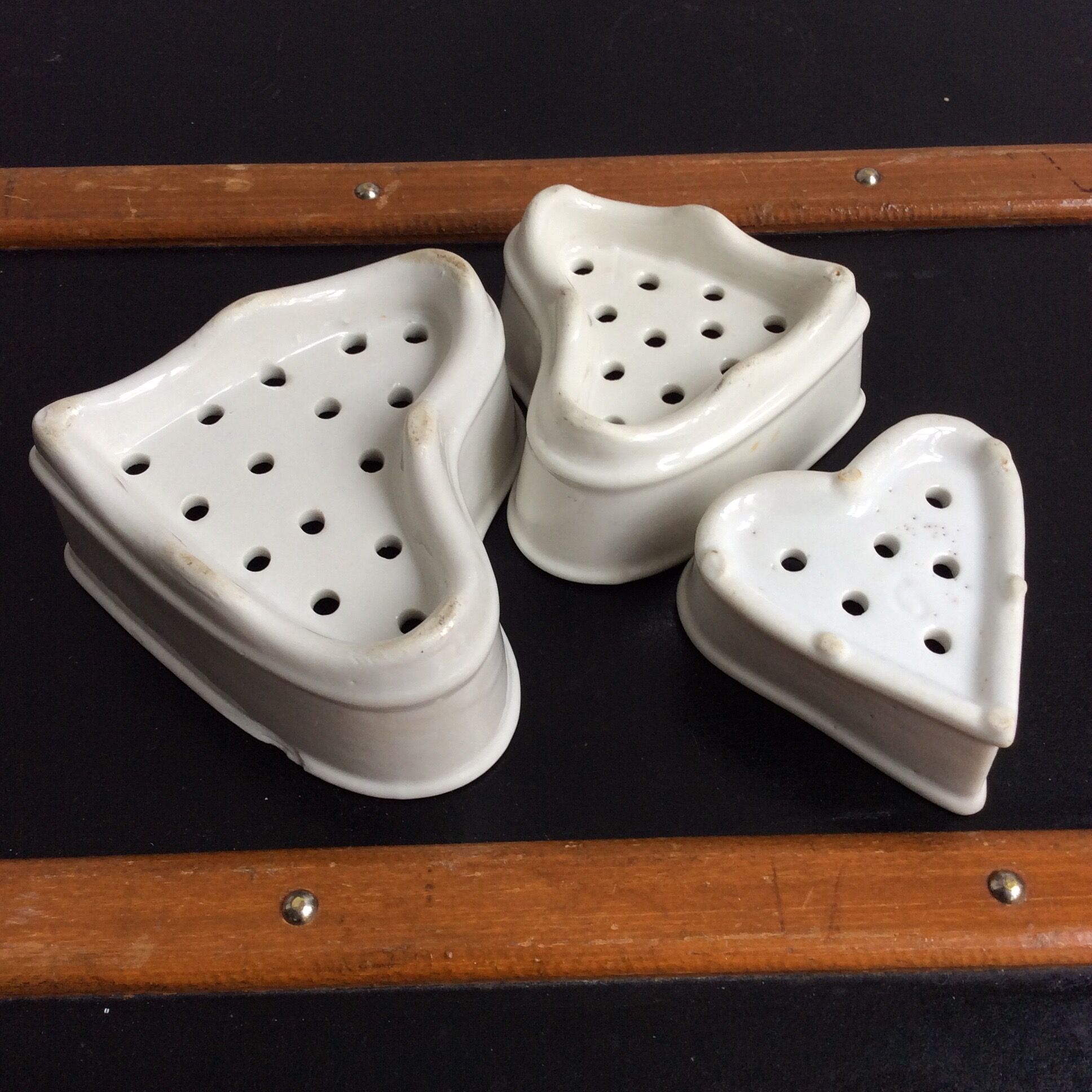 Three cheese molds faisselles coeur neufchatel vintage white earthenware