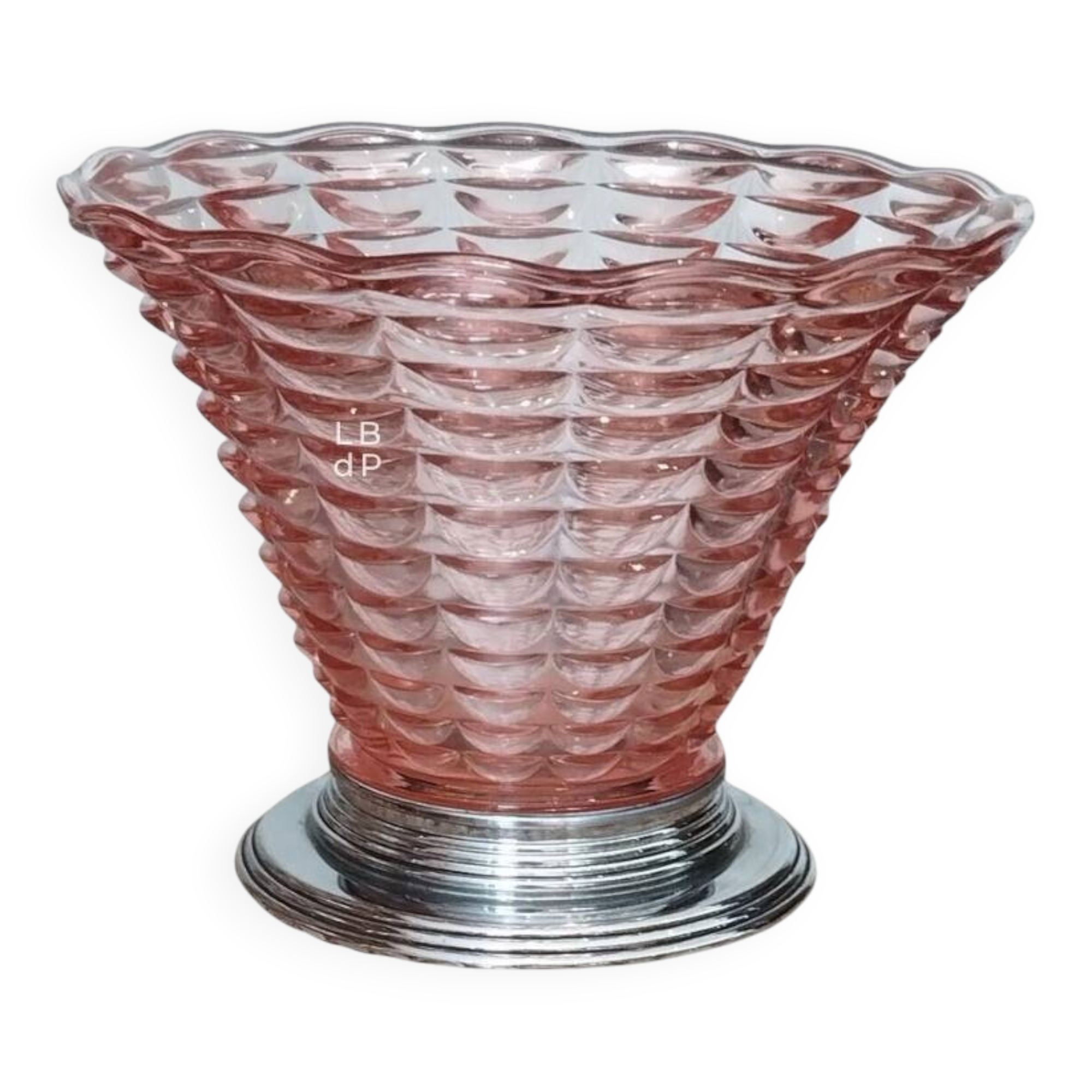 Art Deco cornucopia vase, centrepiece, bowl - blown glass & chrome 1930