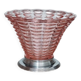 Vase cornet Art Déco, centre de table, vasque - verre soufflé & chrome 1930