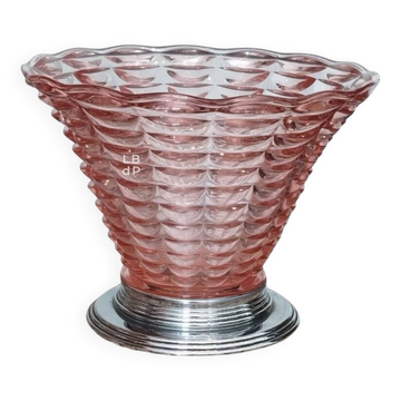 Vase cornet Art Déco, centre de table, vasque - verre soufflé & chrome 1930