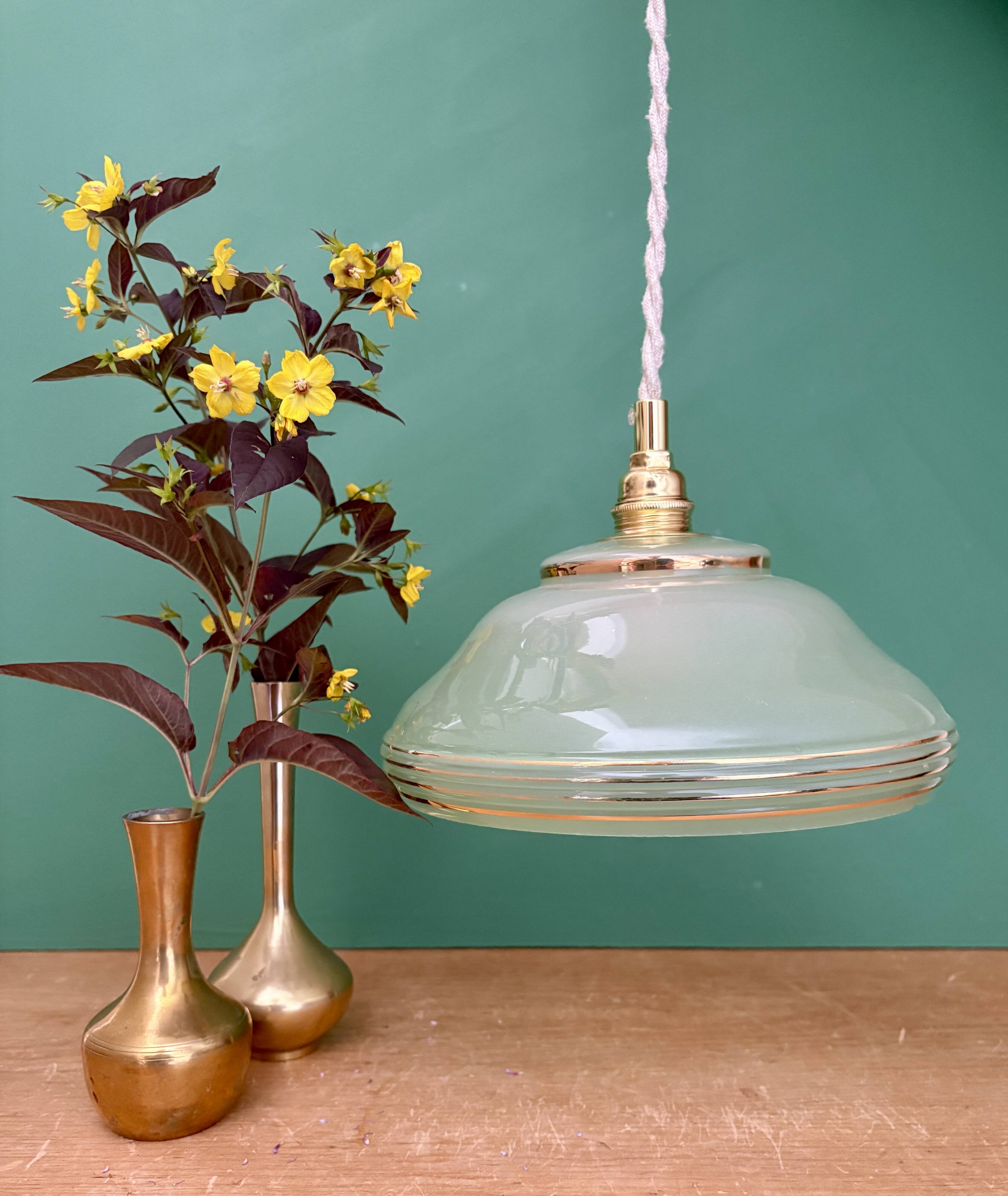 Vintage green and gold glass lampshade pendant light