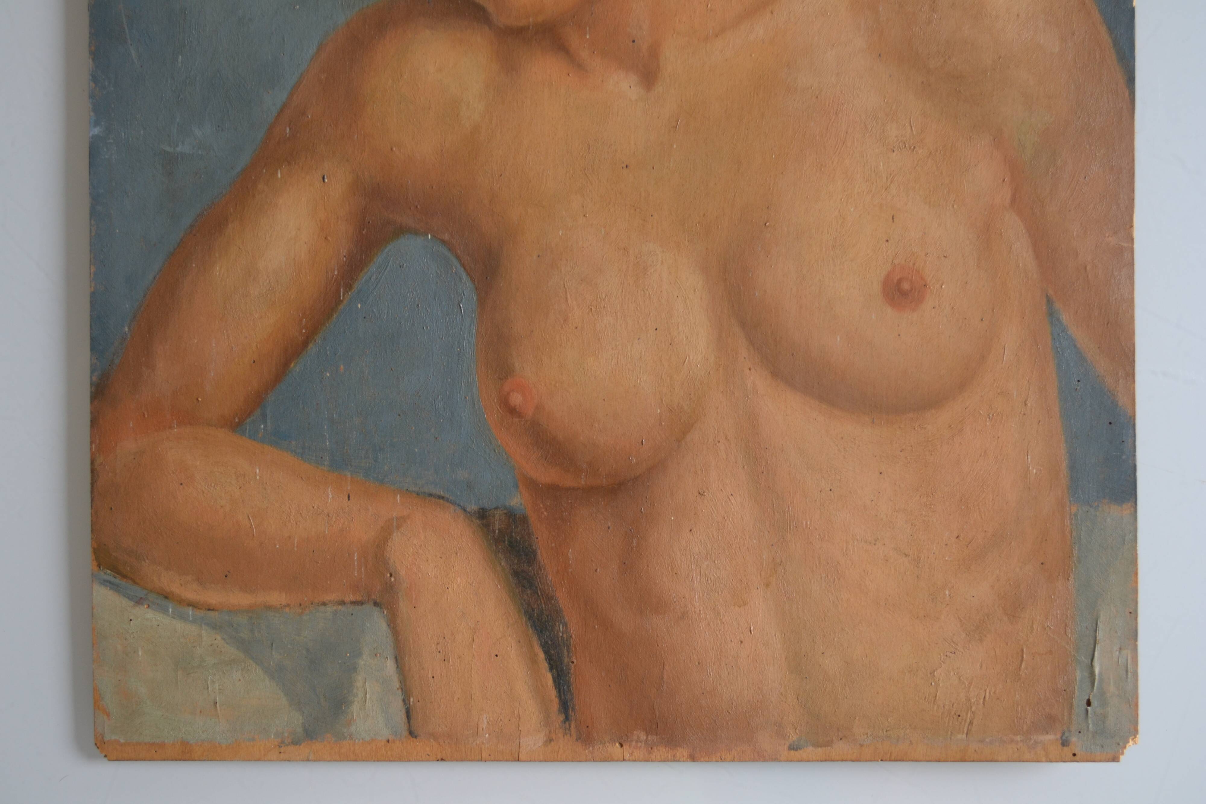 Old painting portrait nude woman oil on panel