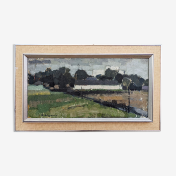 Mid-century modern "over the fields" Swedish vintage expressionist landscape oil painting, framed