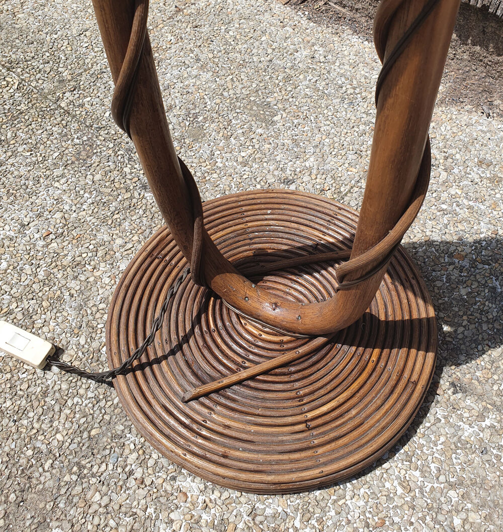 Floor lamp two lights, asymmetrical, bamboo and rattan, vintage, 70s