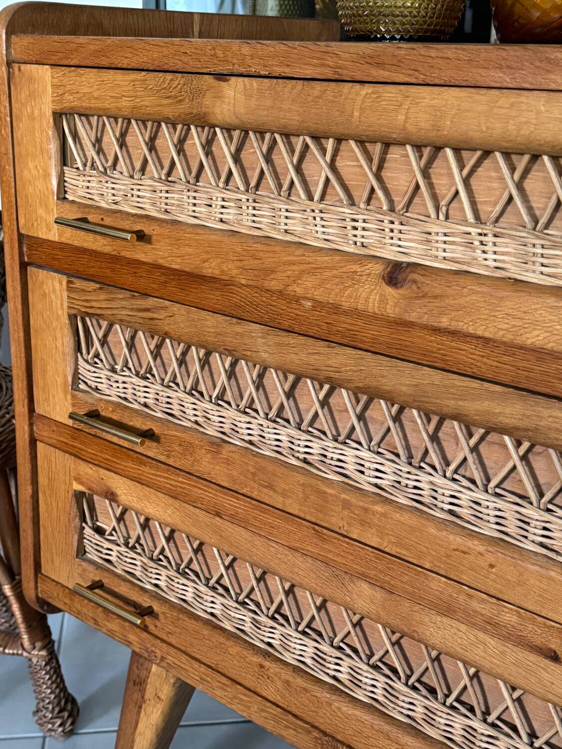 Old vintage wooden and rattan chest of drawers