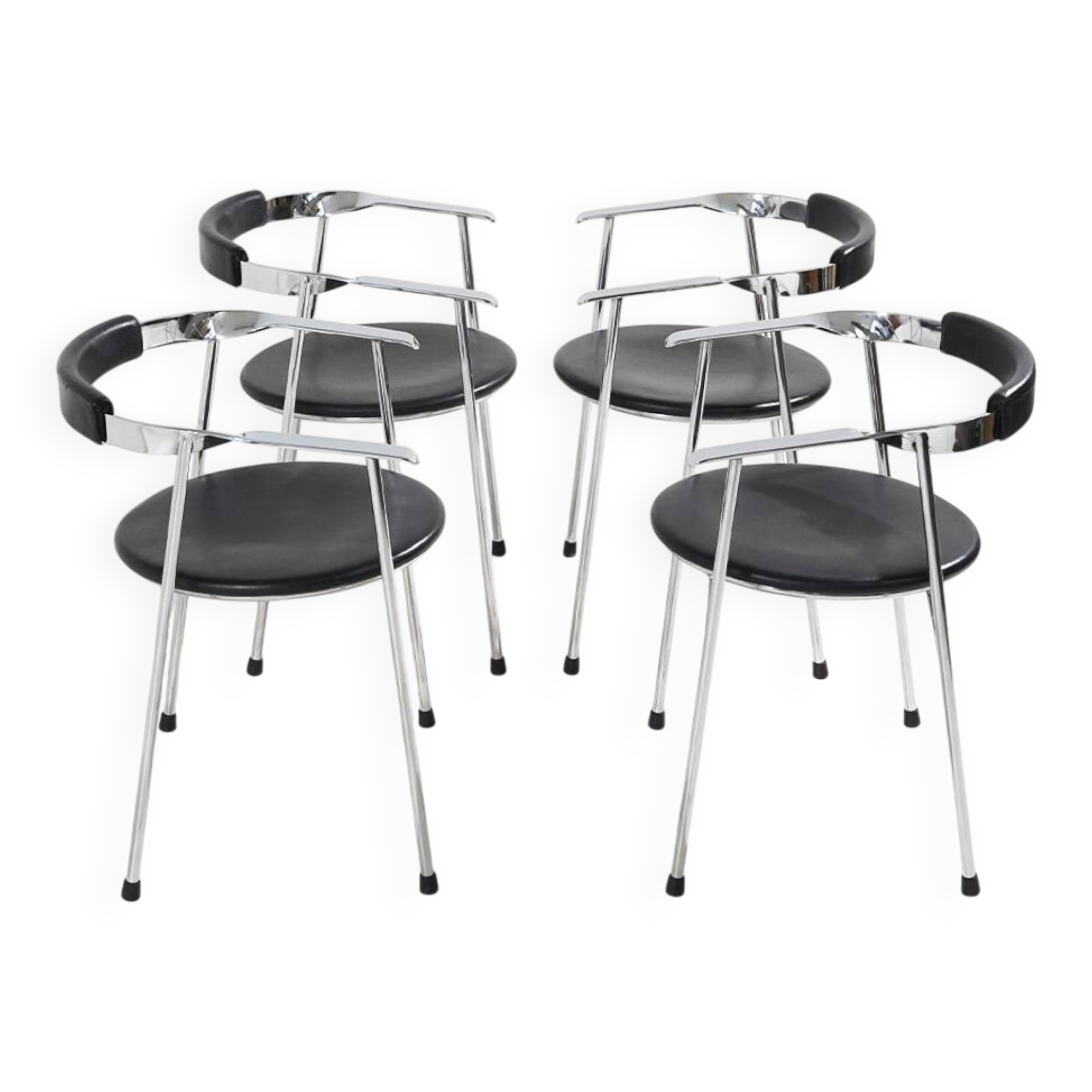 4 chaises en métal chromé et cuir noir, années 1980