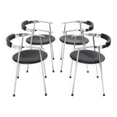 4 chrome-plated metal and black leather chairs, 1980s