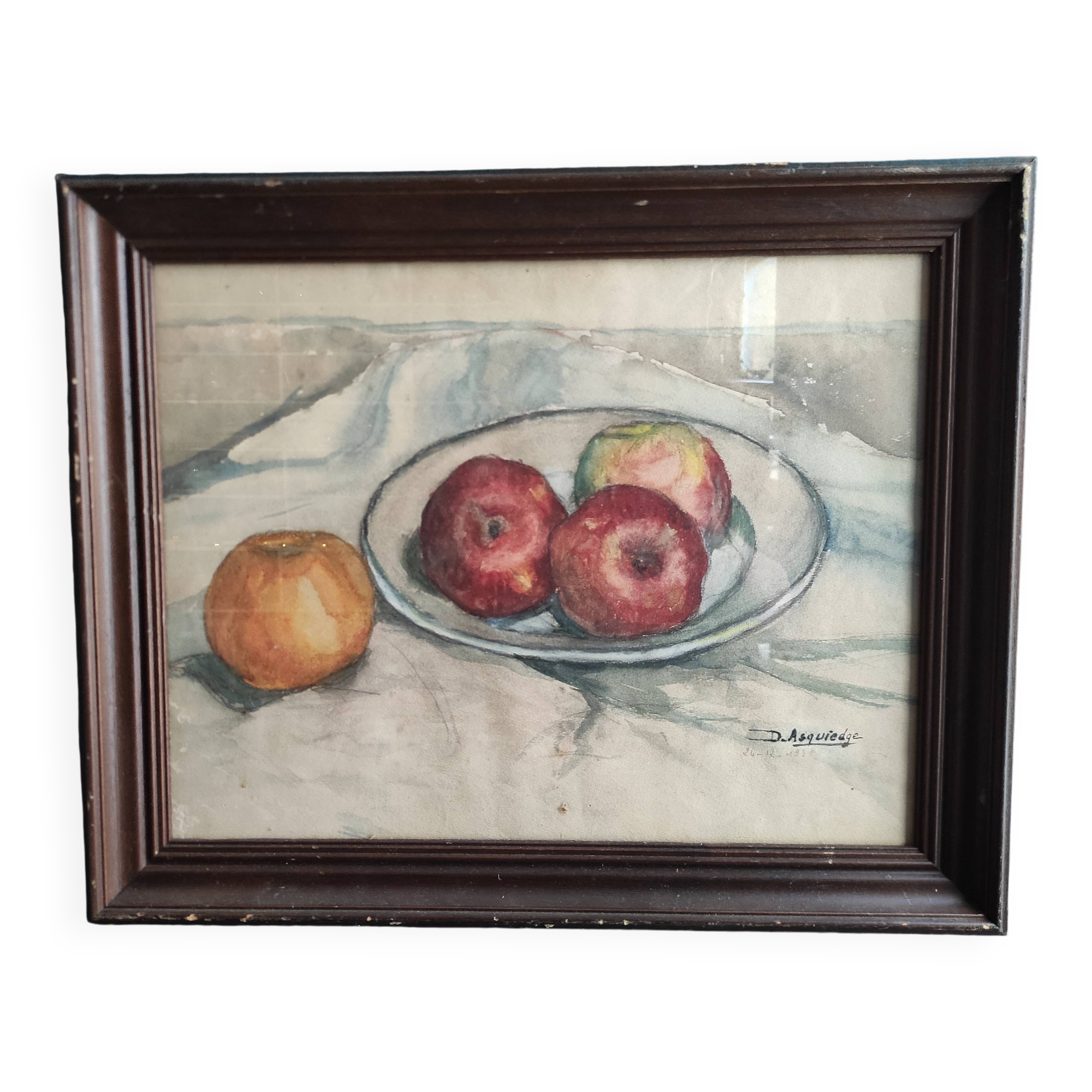 Nature morte française vintage à l'aquarelle, signée Asquiedge