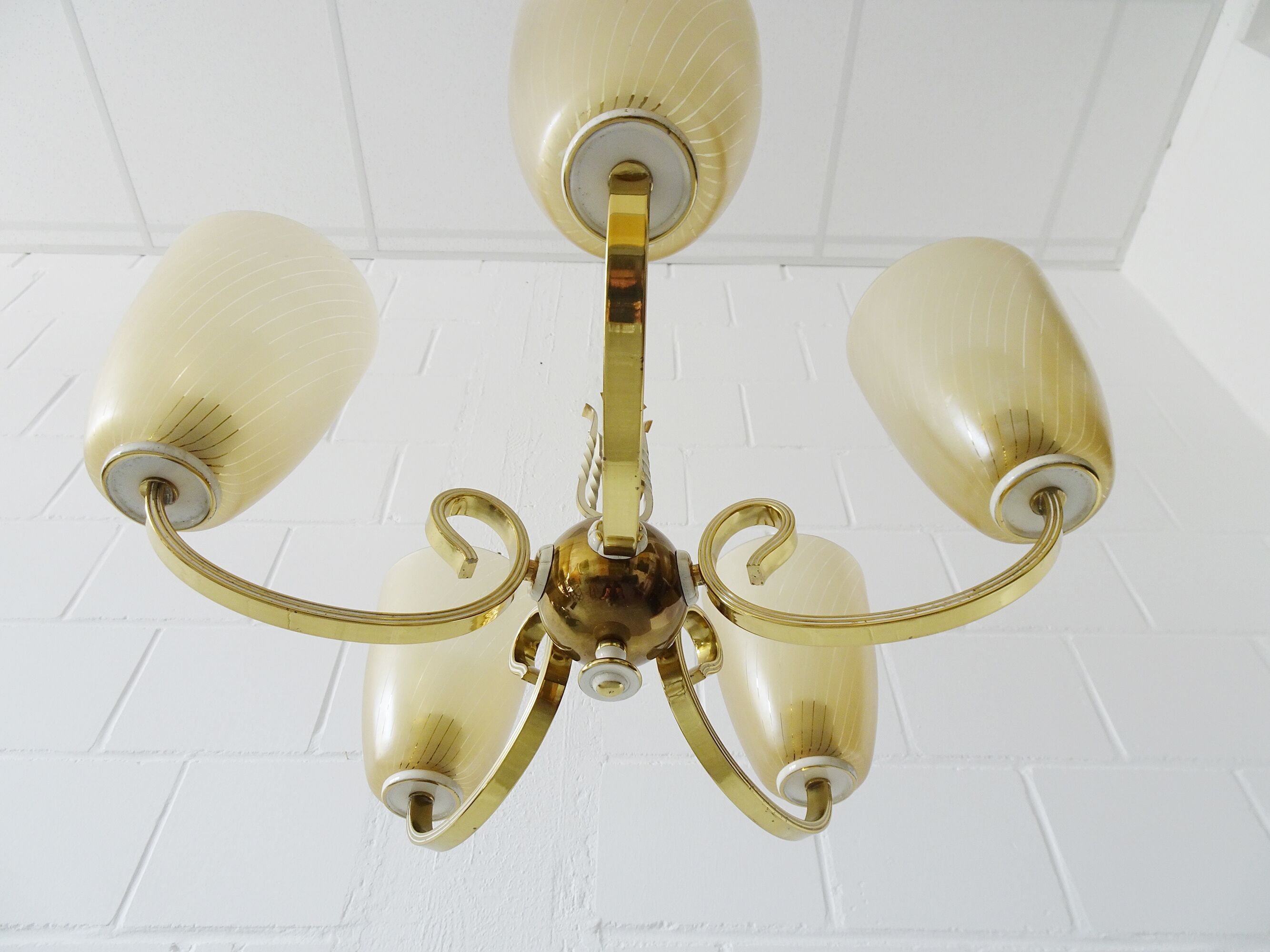 Five-armed chandelier made of brass and glass