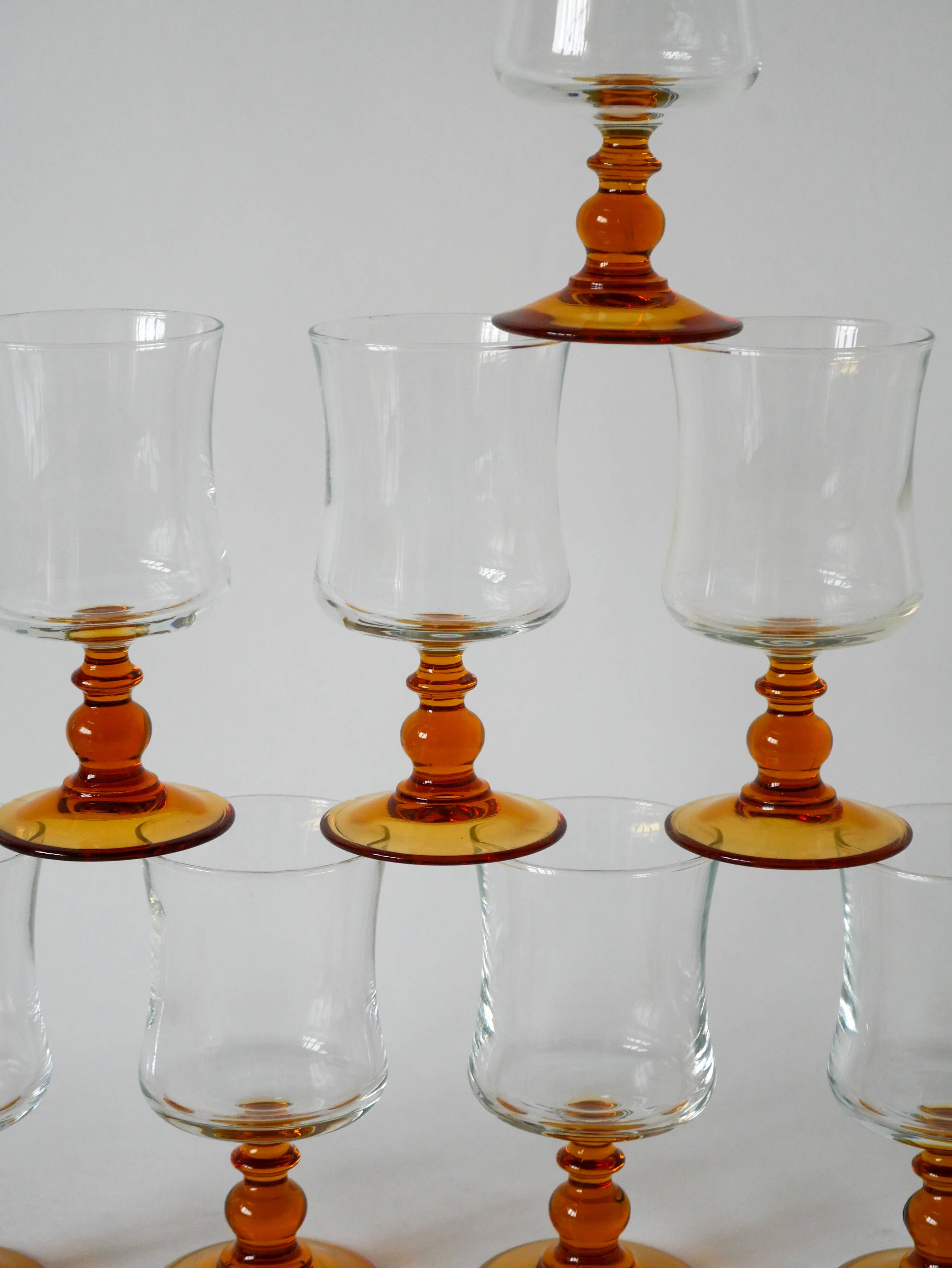 set of 8 vintage amber-stemmed wine glasses 1970