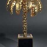 Lampe palmier en metal doré avec socle en plaque de verre style année 70