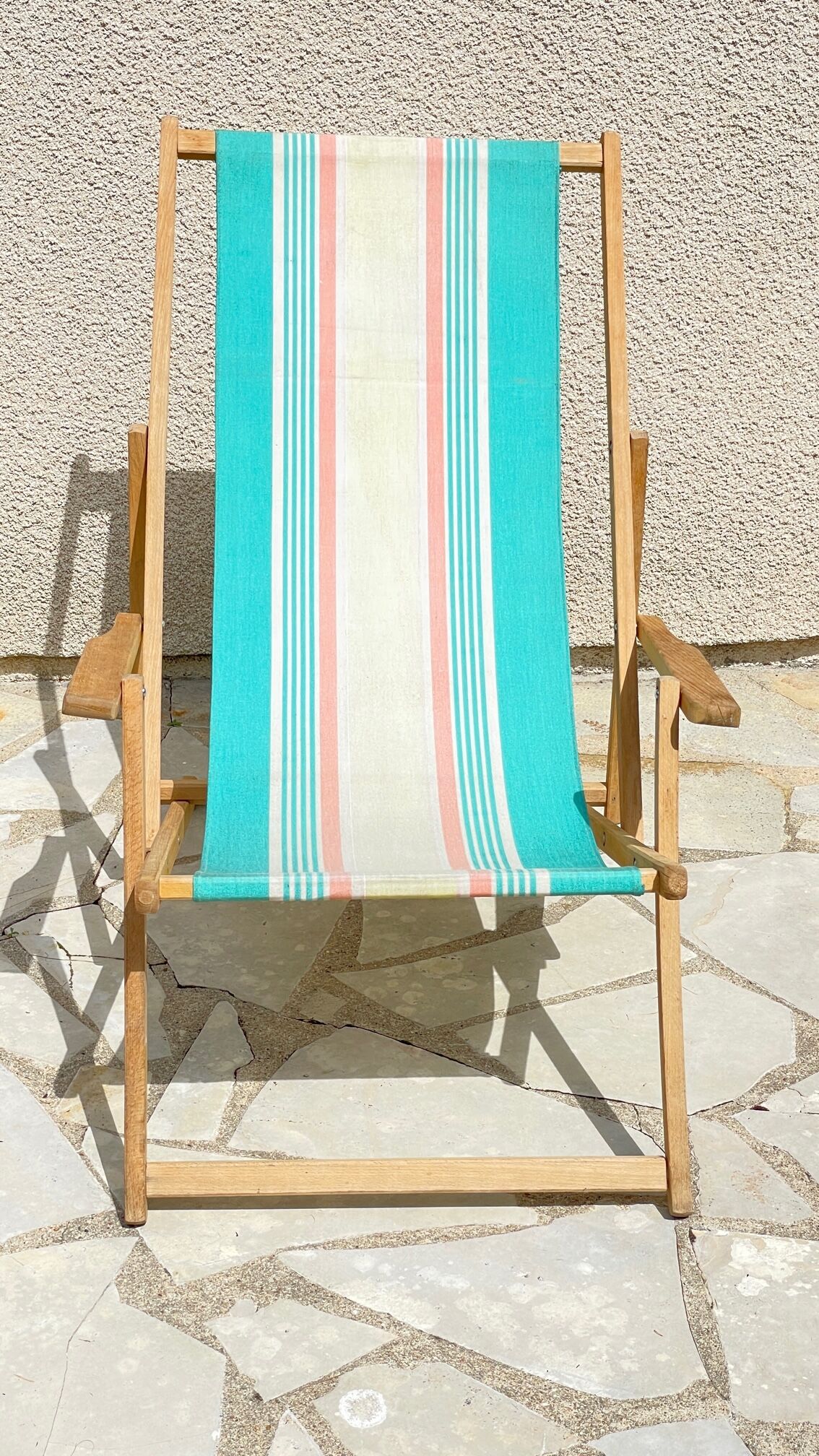 Transat pliant en bois et toile vintage
