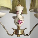 french vintage 3 light porcelain with rose decoration & gold metal chandelier cream shades