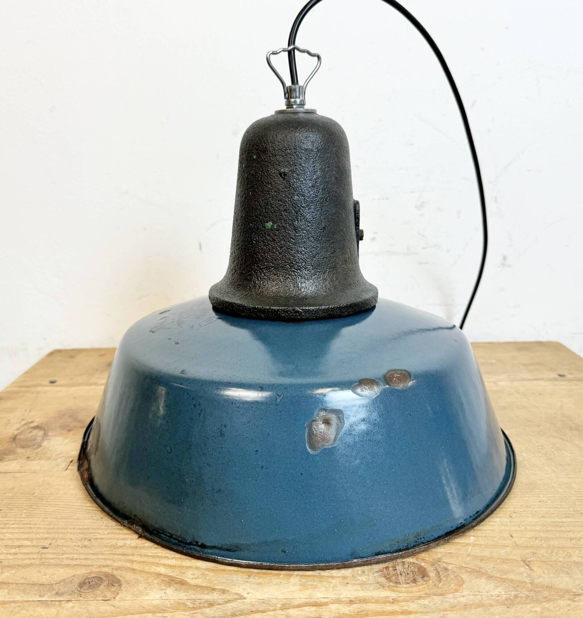 Industrial Blue Enamel Factory Lamp with Cast Iron Top, 1960s