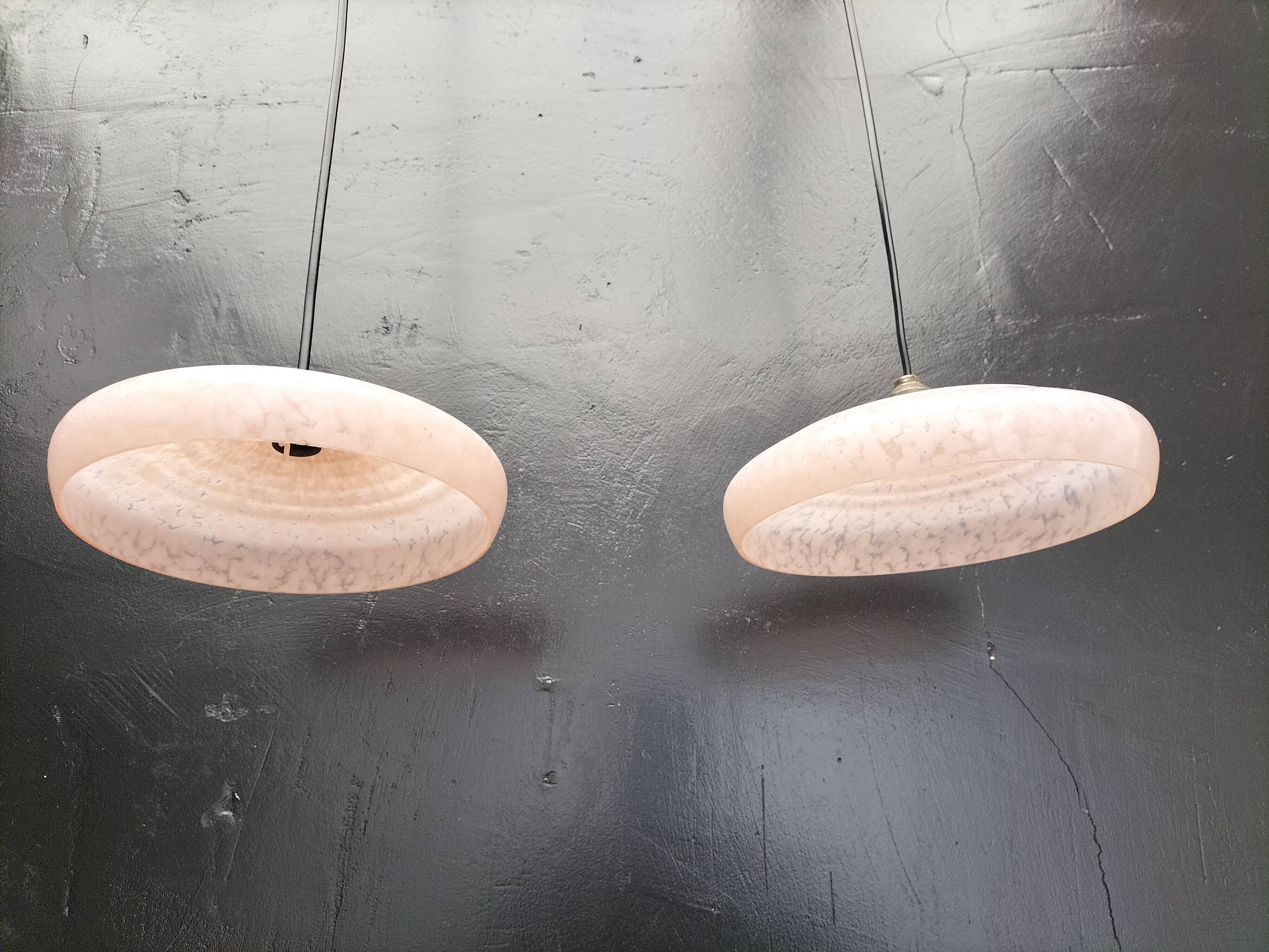 2 speckled pink opaline pendant lights