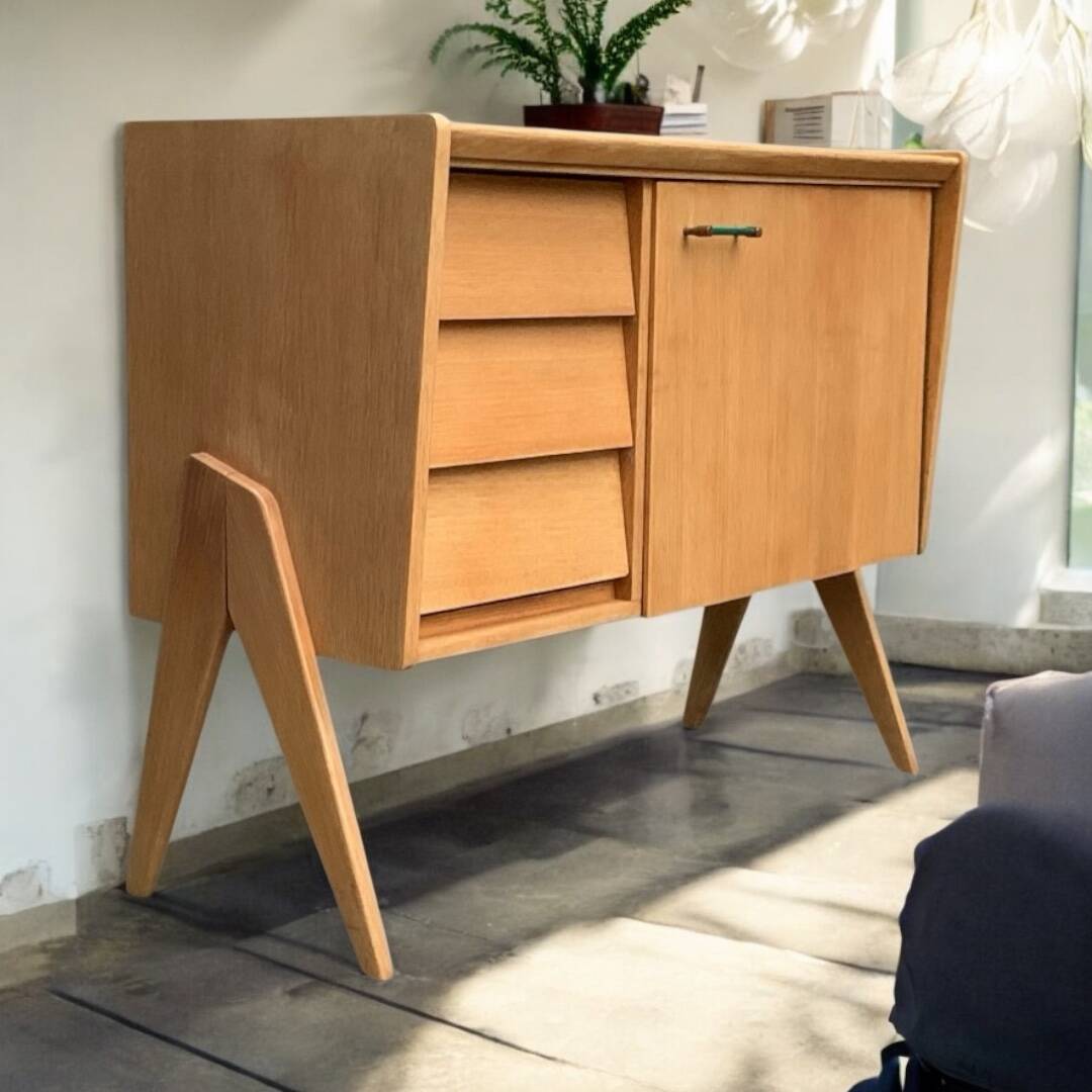 Vintage chest of drawers with compass legs, light oak, 1960s