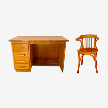 Vintage wooden desk set and its Baumann armchair from the 50s