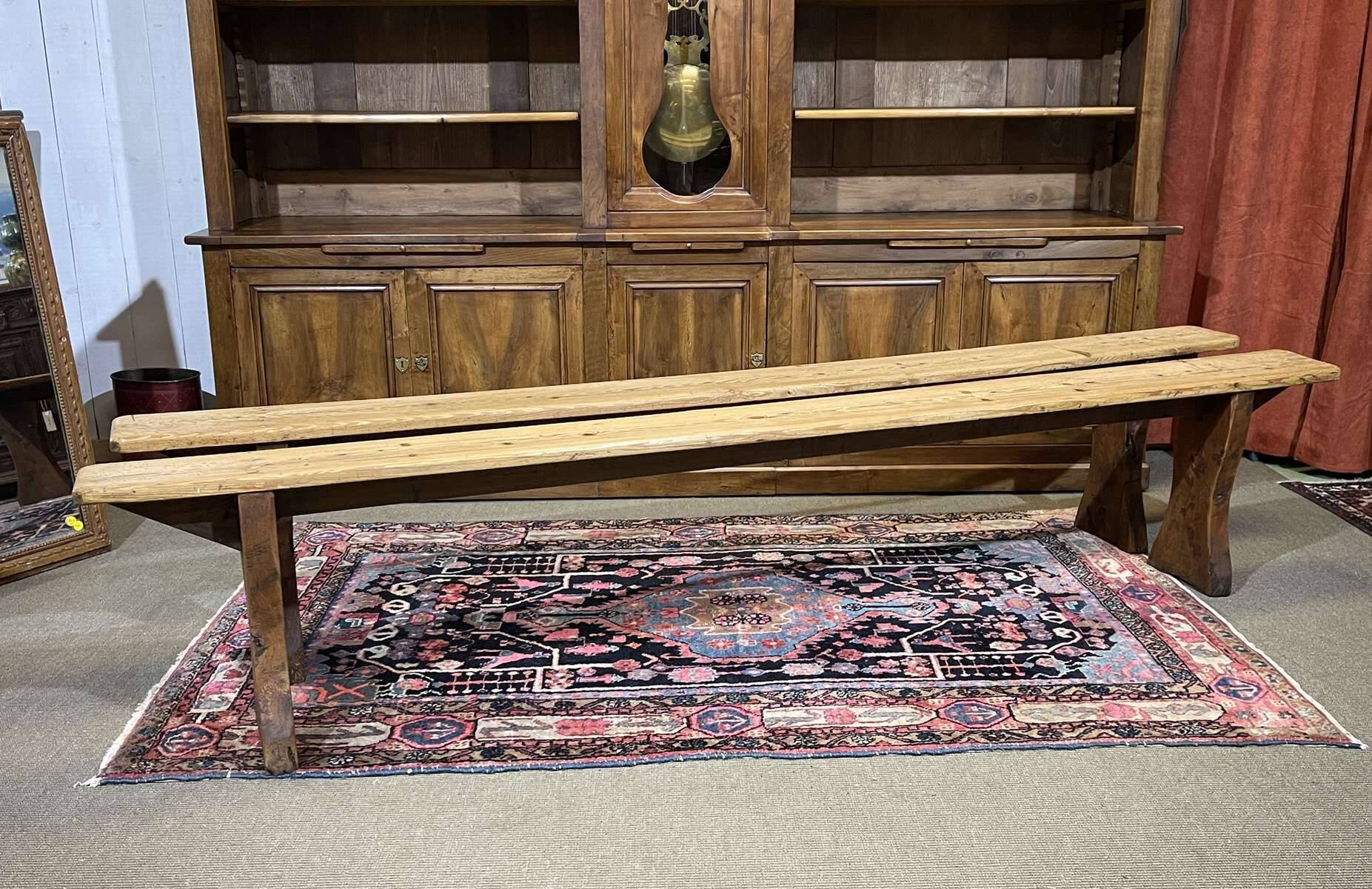 Pair of farmhouse table benches in fir from the early 20th century.