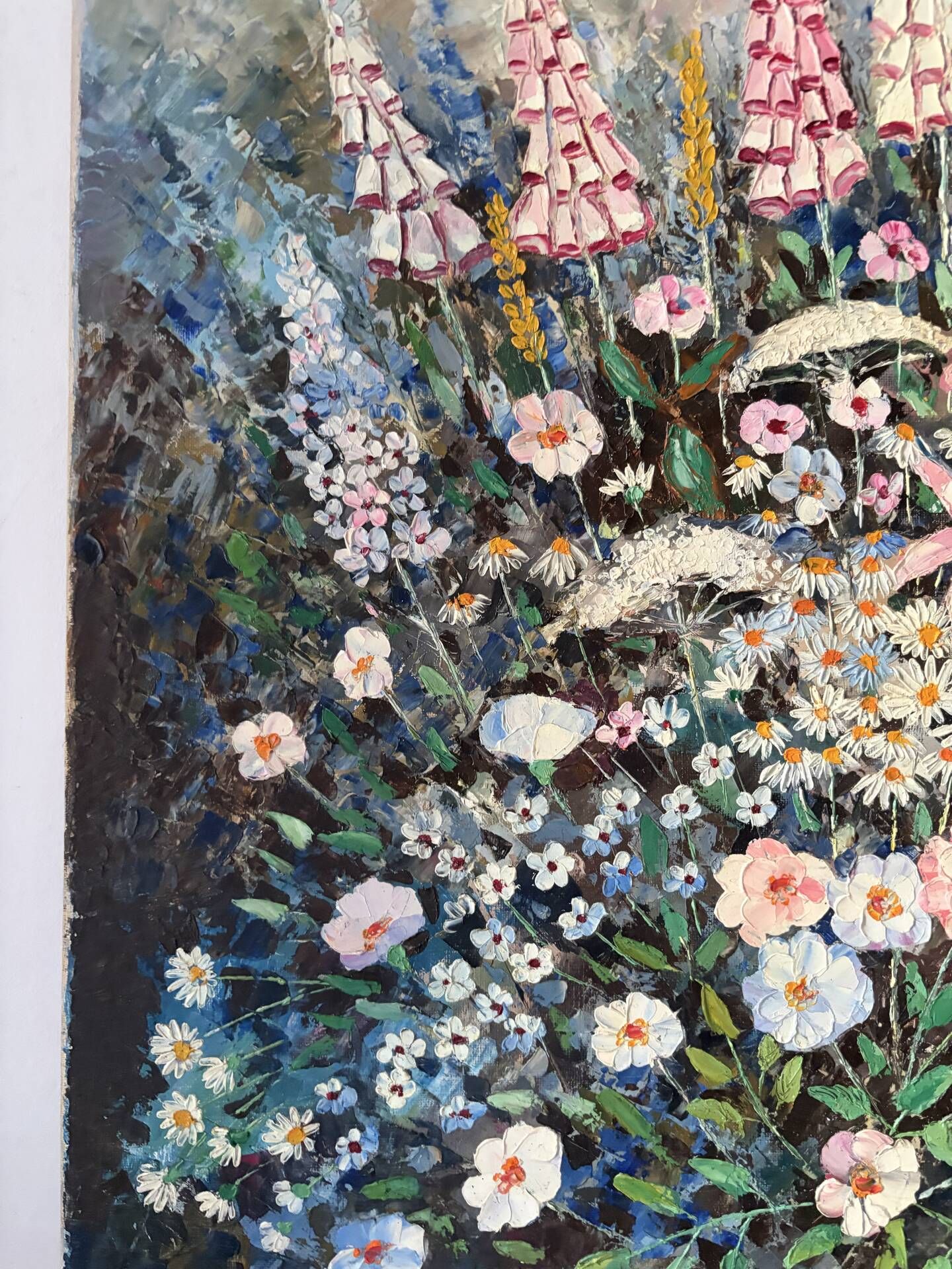 Wildflower bouquet with foxgloves, knife oil painting signed H Barro.