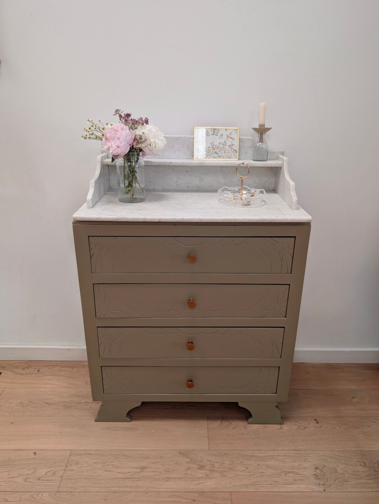 Antique commode revamped with a marble top, vintage dressing table.