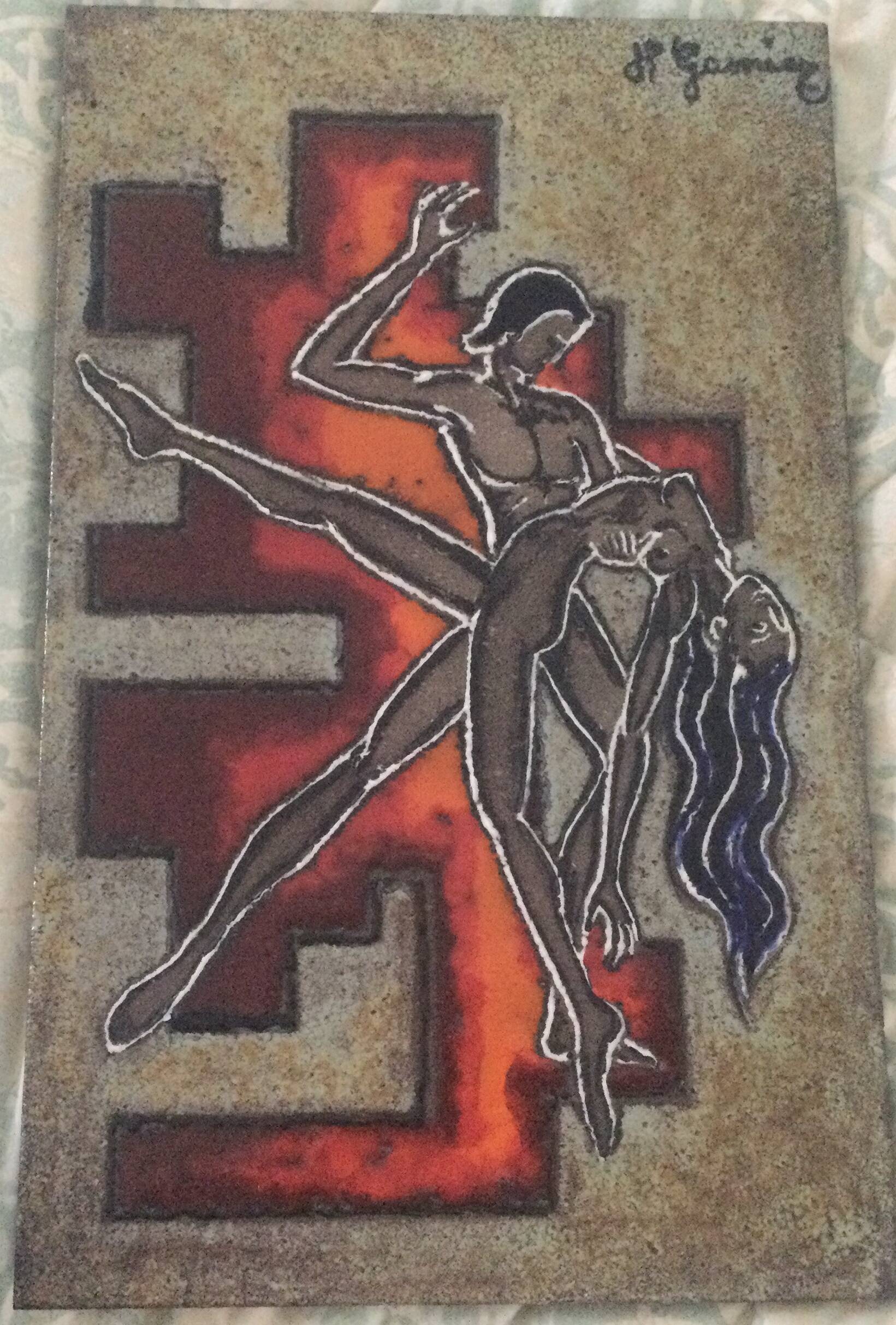 Enamelled lava plate, signed Jean Pierre Gasnier