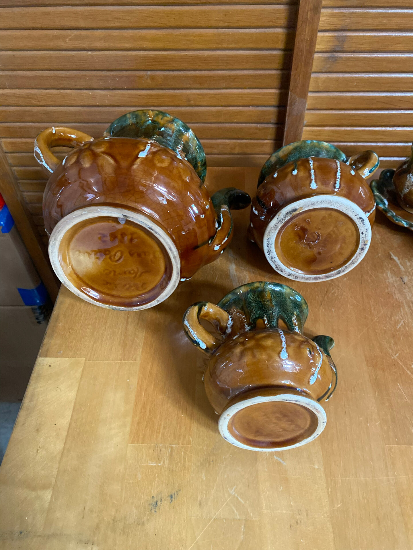 Vintage French café service set, 27 pieces, old pottery from Maine.
