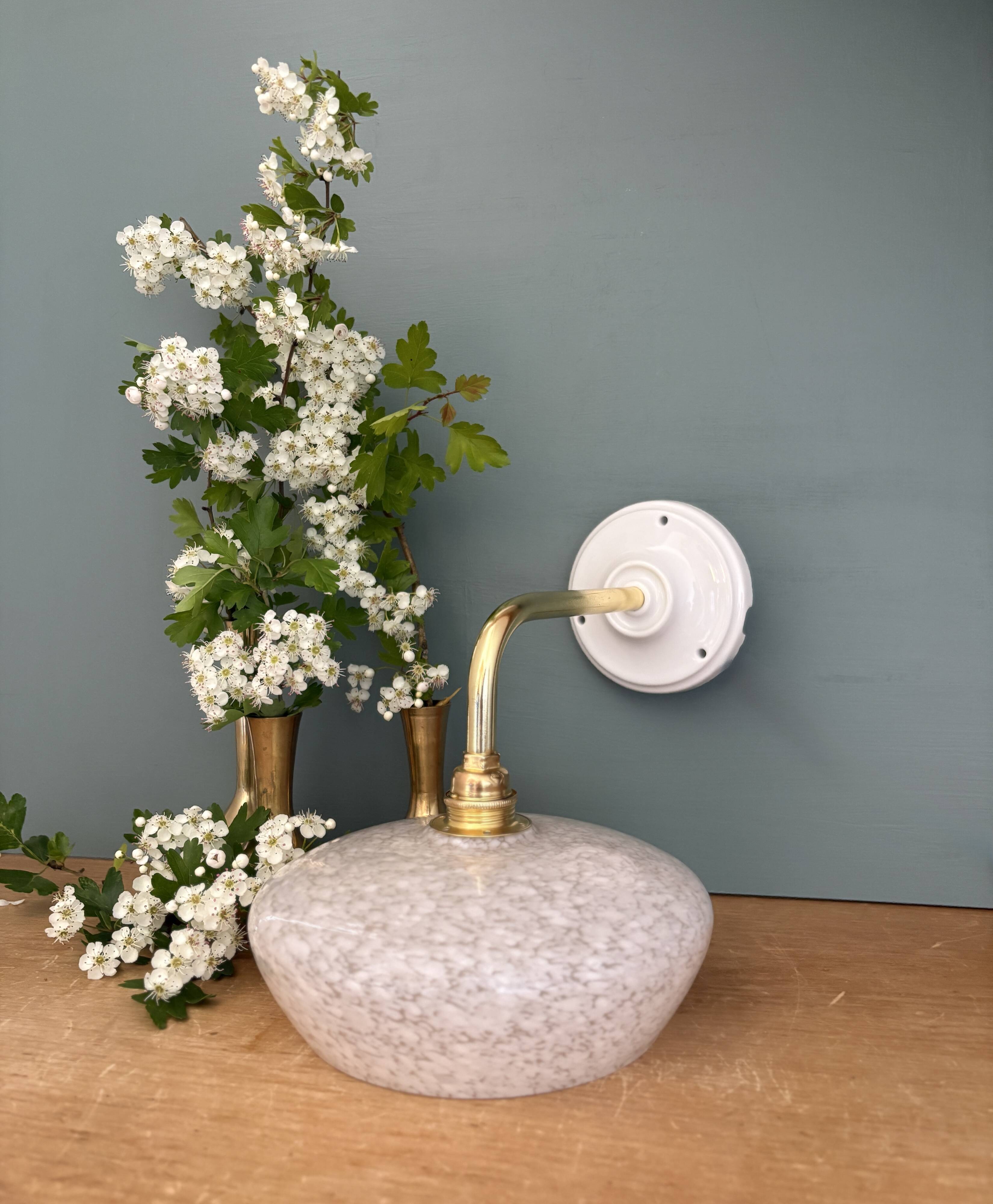 Vintage glass wall lamp with a curved arm from Clichy, white.
