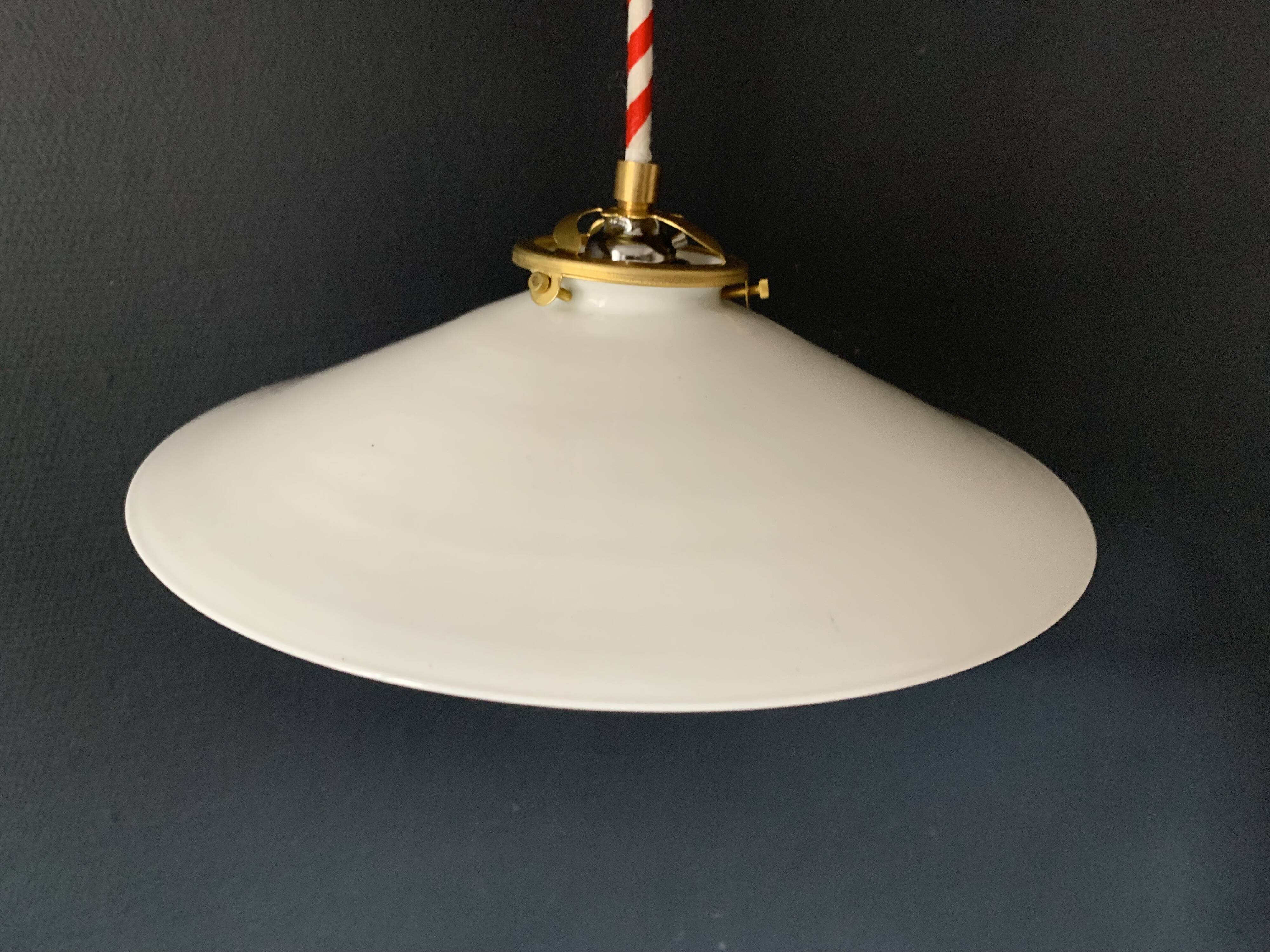 White opaline pendant light and handmade antique crochet lampshade