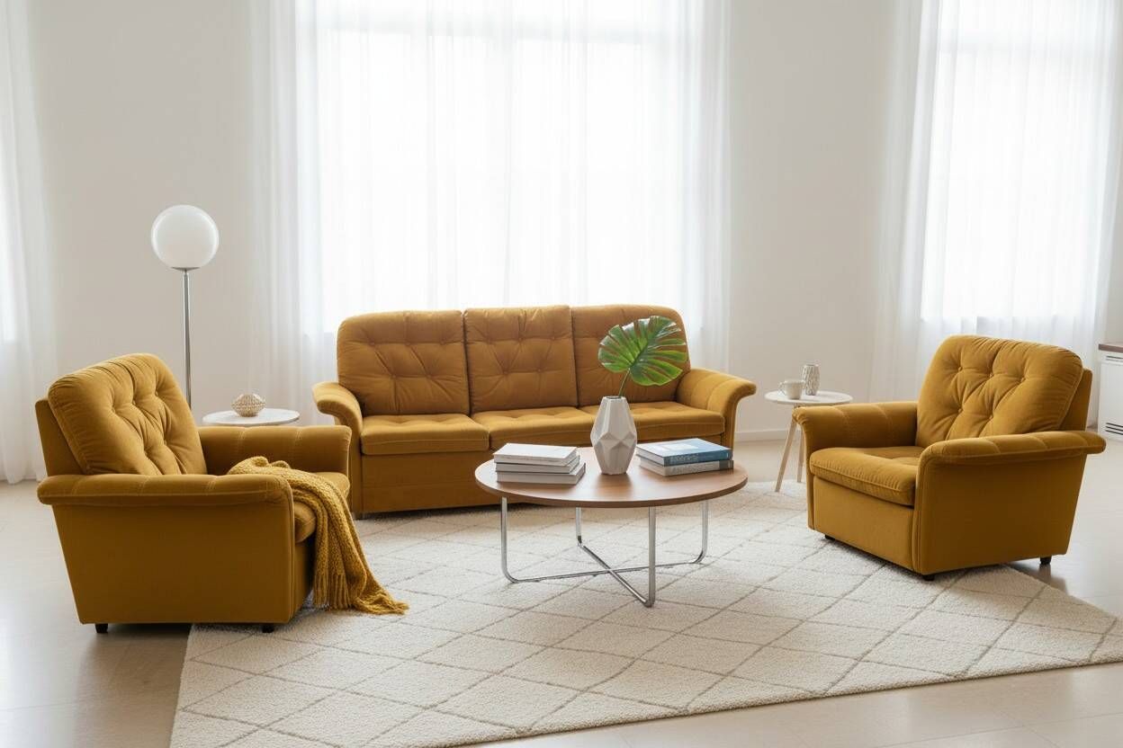Vintage lounge set for 5, 3-seater convertible sofa and 2 armchairs, 70s.