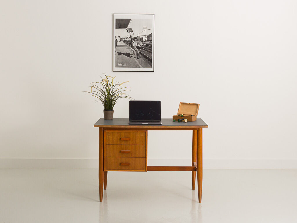 Fully restored Scandinavian desk with grey laminate top
