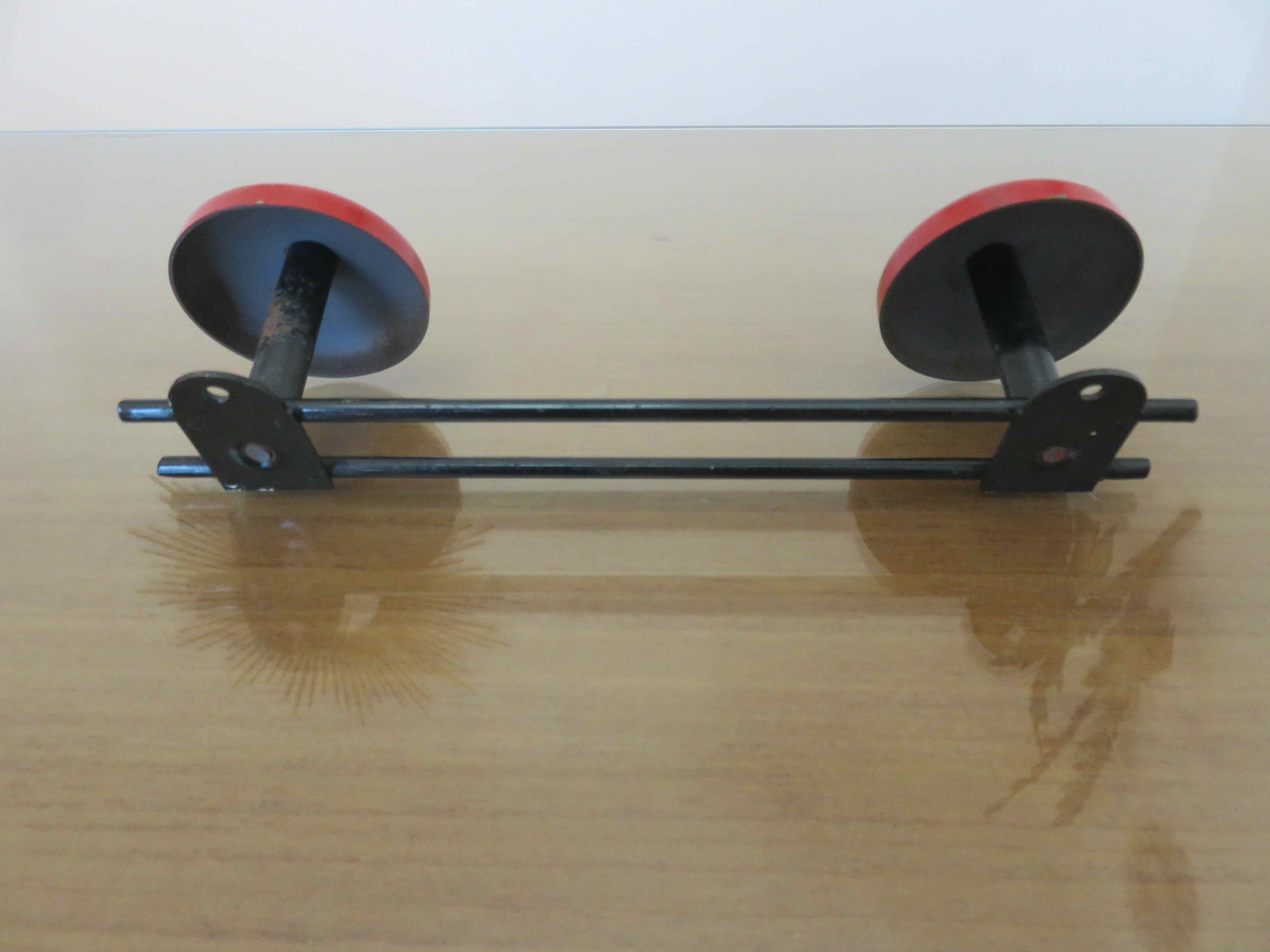 Wall coatrack in red metal, 2 hooks, 60s-70s