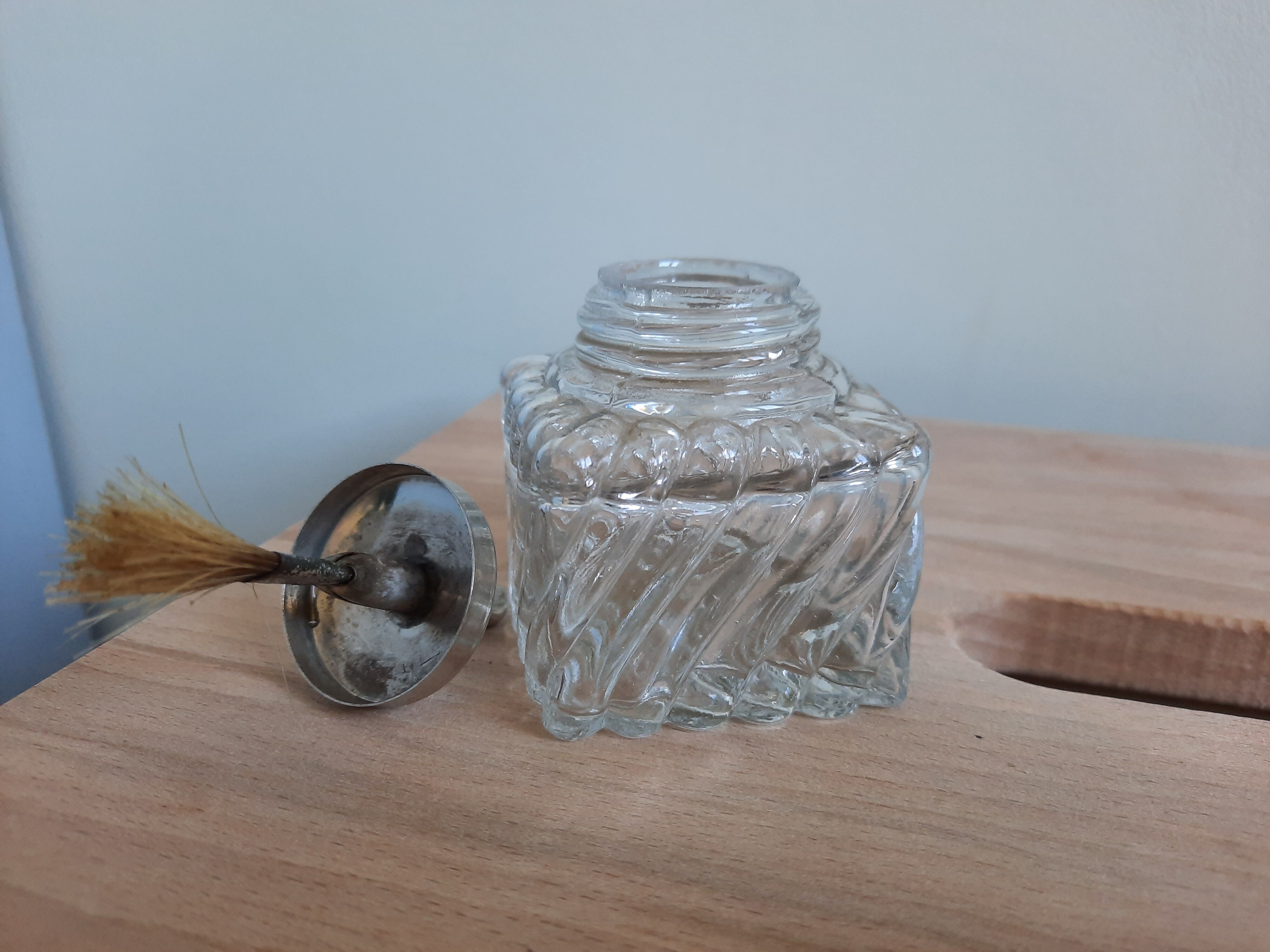 Glass pot with his brush - old glue jar