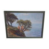 Huile sur toile Bord de la Méditerranée rochers et pins de B.Willard
