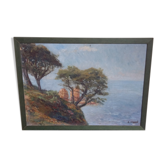 Oil on canvas Edge of the Mediterranean, rocks and pines of B.Willard