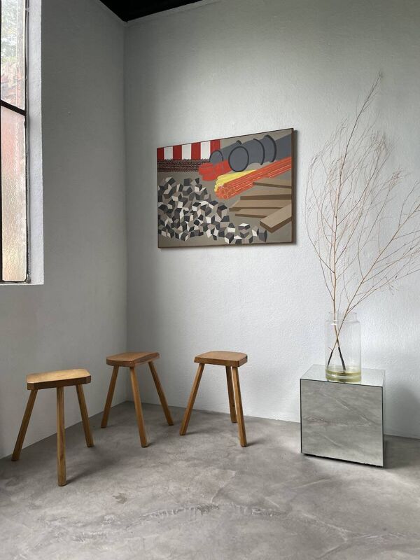 Set 3 tabourets tripode en chêne